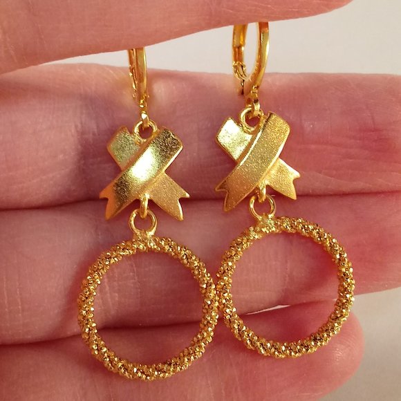 18K Yellow Gold Filled Carved Cross Circle Hoop Dangle Earrings Party Gift - Picture 3 of 4